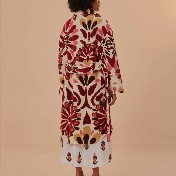 FARM Rio Ainika Flowers Fleece Coat Floral Textured - Red and Pink - Picture 2 of 10